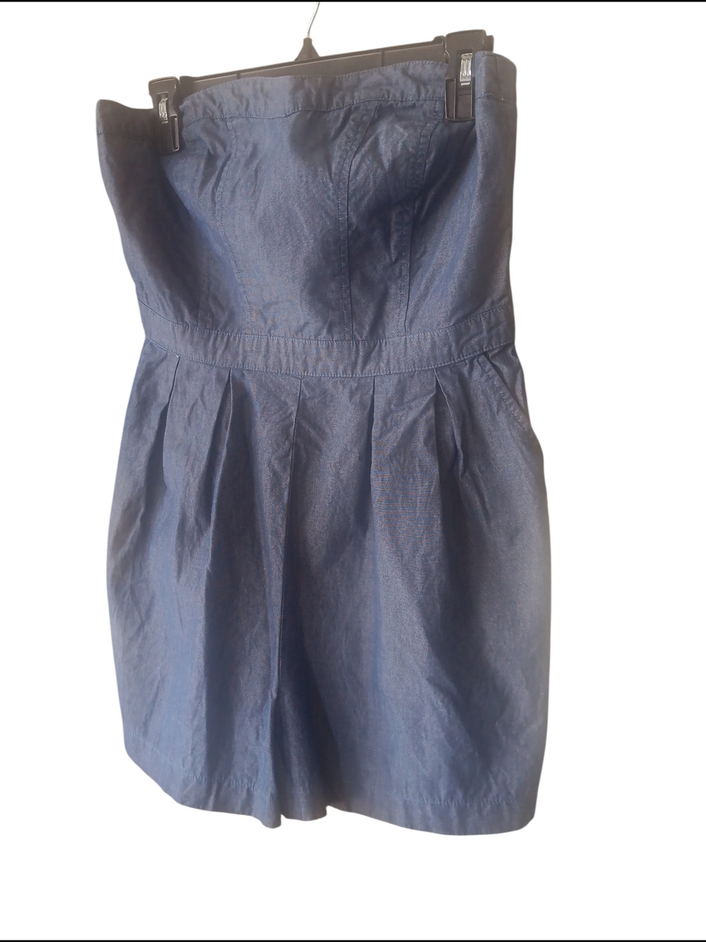 Strapless Light Denim Blue Pleated Women's Romper with Pockets
